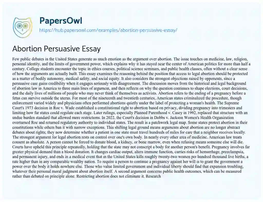 Essay on Abortion Persuasive Essay