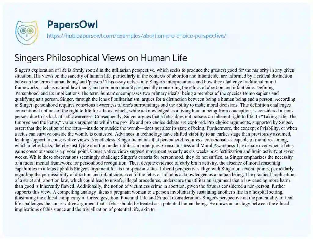 Essay on Singers Philosophical Views on Human Life