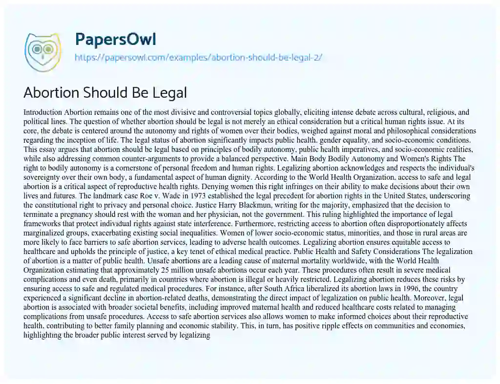 Essay on Abortion Should Be Legal