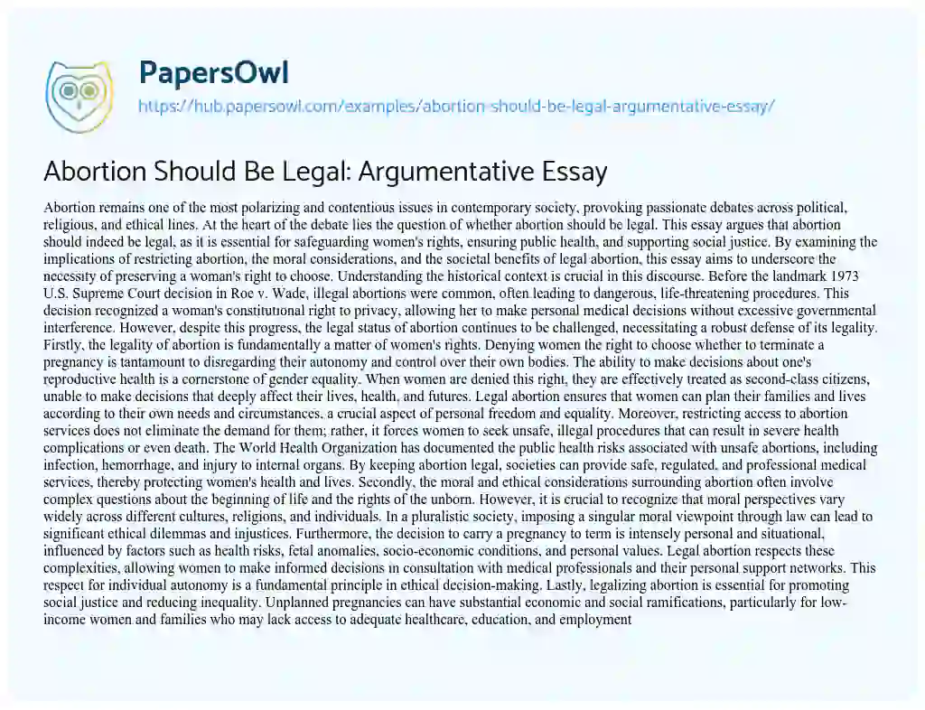 Essay on Abortion Should Be Legal: Argumentative Essay