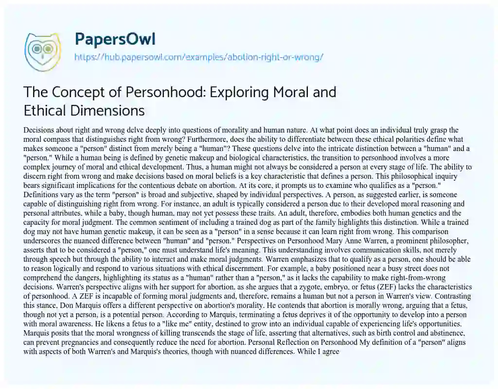 Essay on The Concept of Personhood: Exploring Moral and Ethical Dimensions