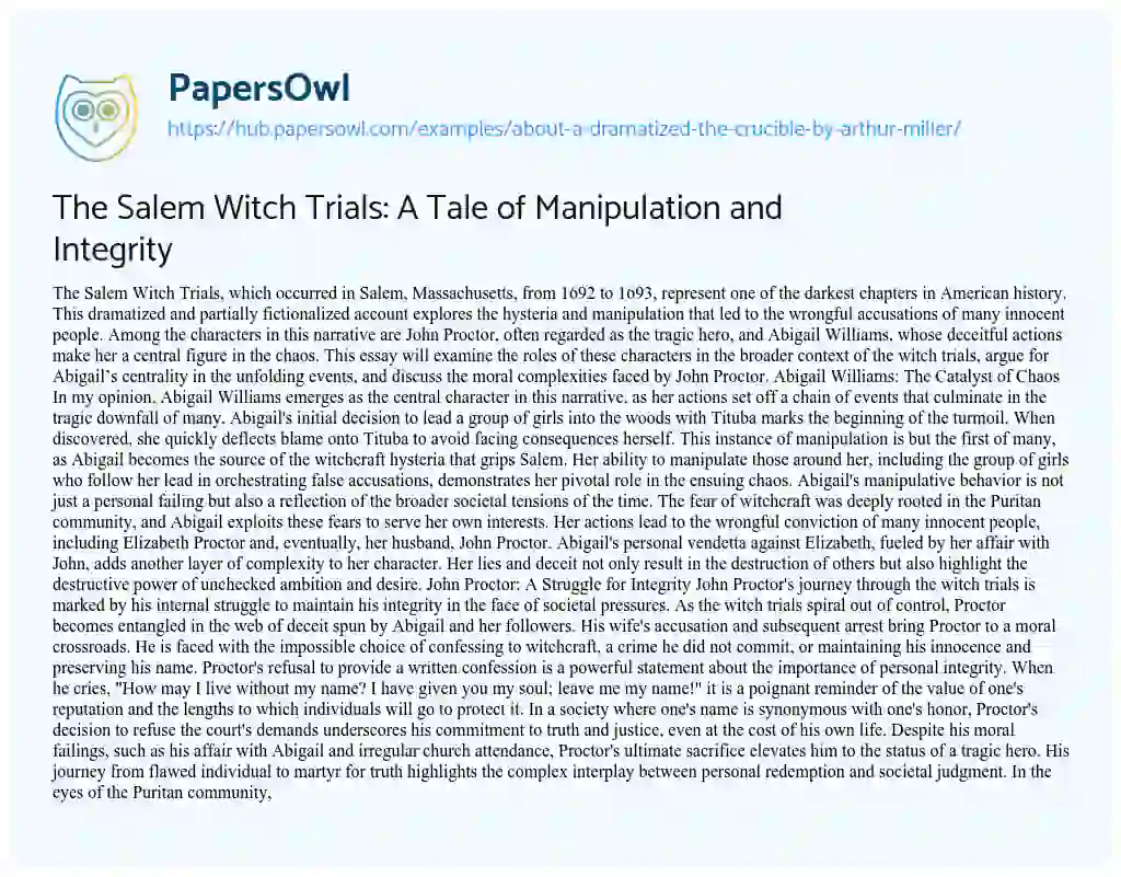 Essay on The Salem Witch Trials: A Tale of Manipulation and Integrity