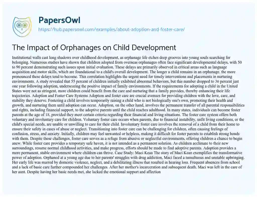 Essay on The Impact of Orphanages on Child Development