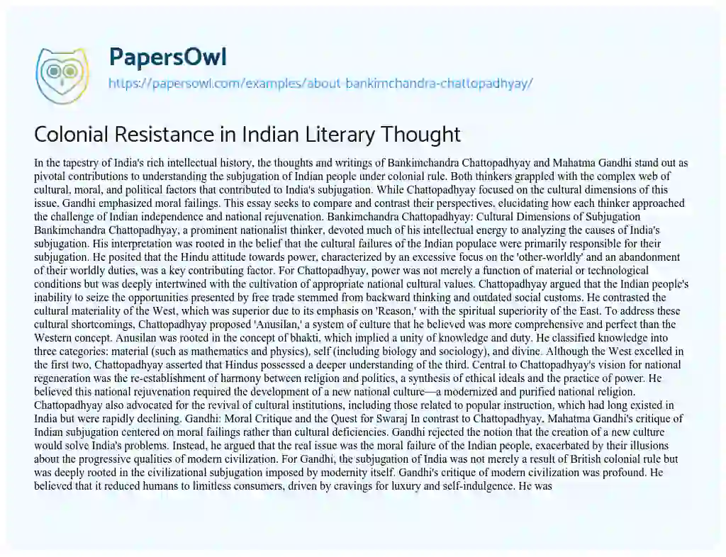 Essay on Colonial Resistance in Indian Literary Thought