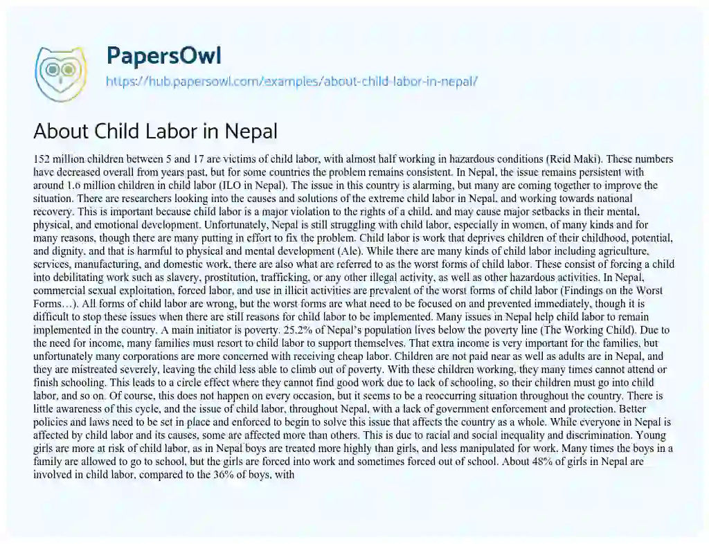 Essay on About Child Labor in Nepal