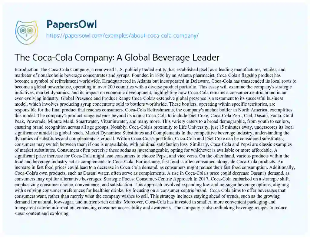 Essay on The Coca-Cola Company: A Global Beverage Leader