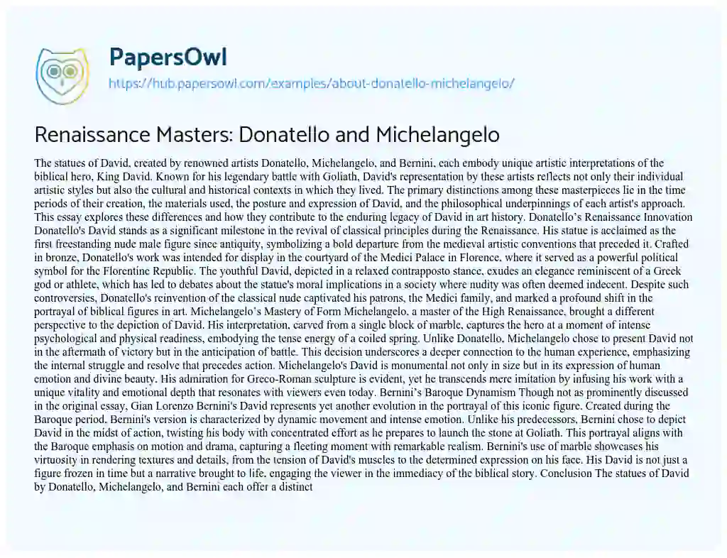 Essay on Renaissance Masters: Donatello and Michelangelo