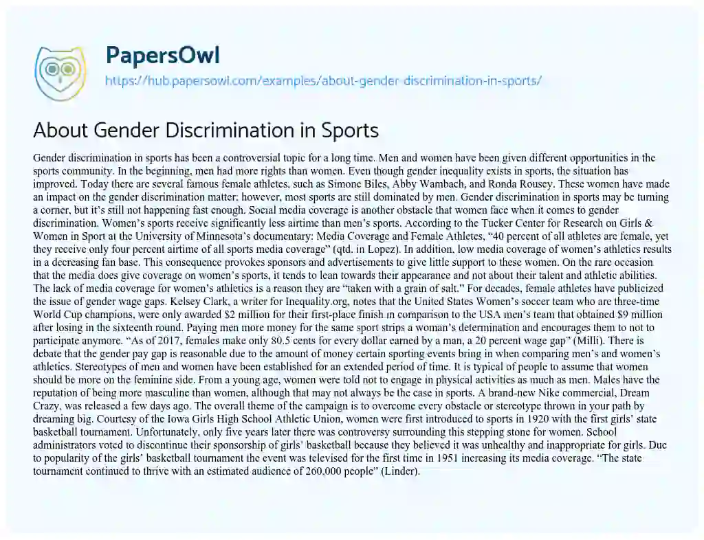 Essay on About Gender Discrimination in Sports
