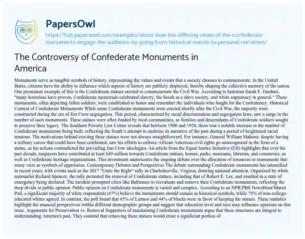 Essay on The Controversy of Confederate Monuments in America