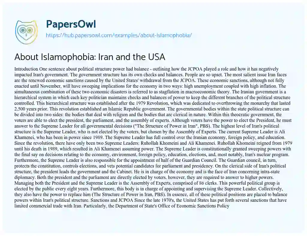 Essay on About Islamophobia: Iran and the USA
