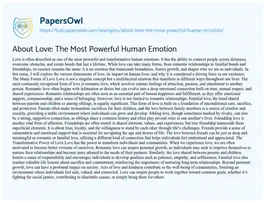 Essay on About Love: The Most Powerful Human Emotion