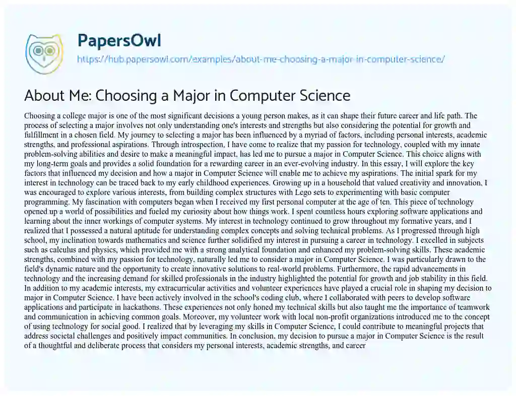 Essay on About Me: Choosing a Major in Computer Science