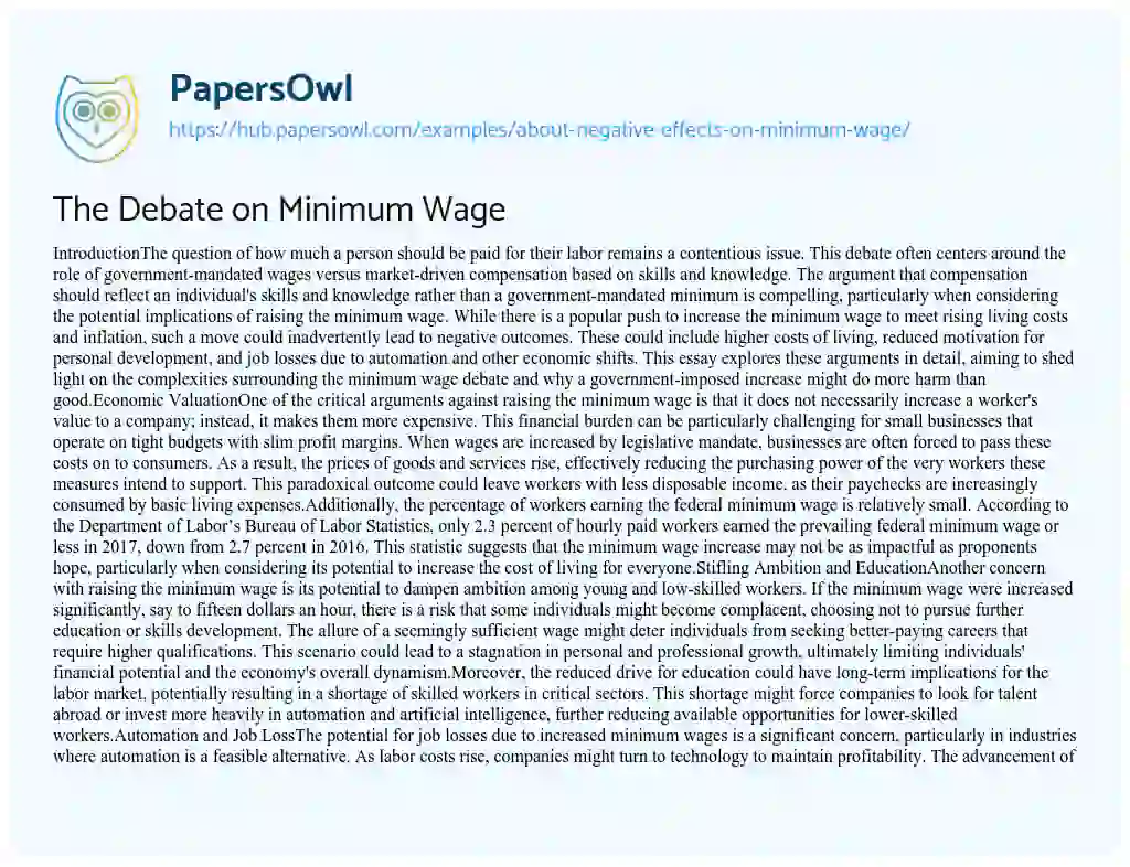 Essay on The Debate on Minimum Wage