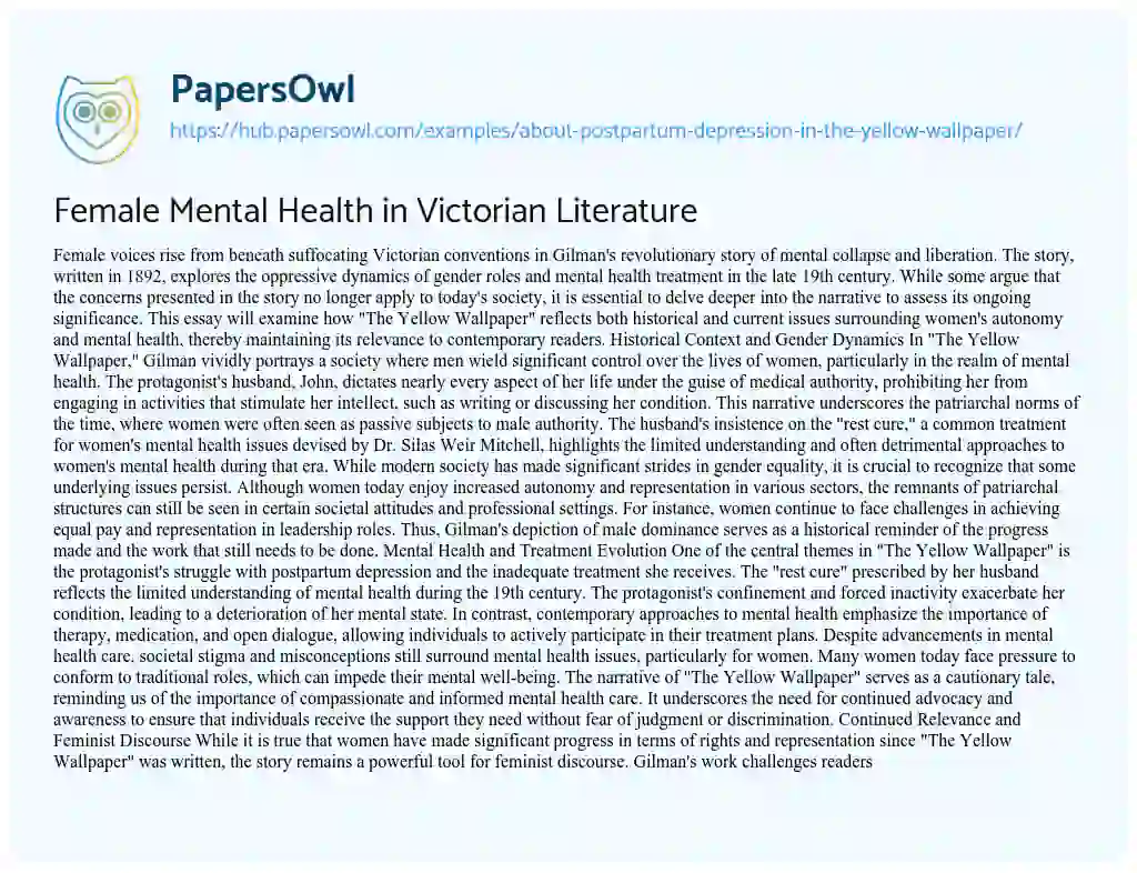 Essay on Female Mental Health in Victorian Literature