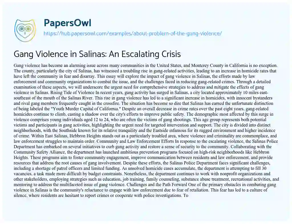 Essay on Gang Violence in Salinas: An Escalating Crisis