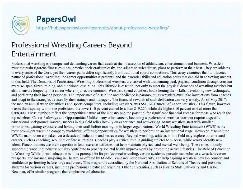 Essay on Professional Wrestling Careers Beyond Entertainment