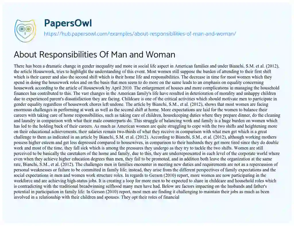 Essay on About Responsibilities Of Man and Woman