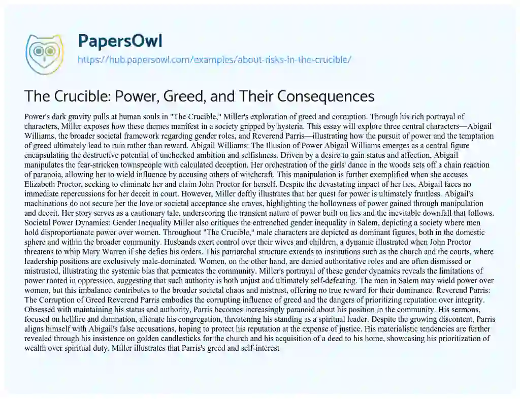 Essay on The Crucible: Power, Greed, and Their Consequences