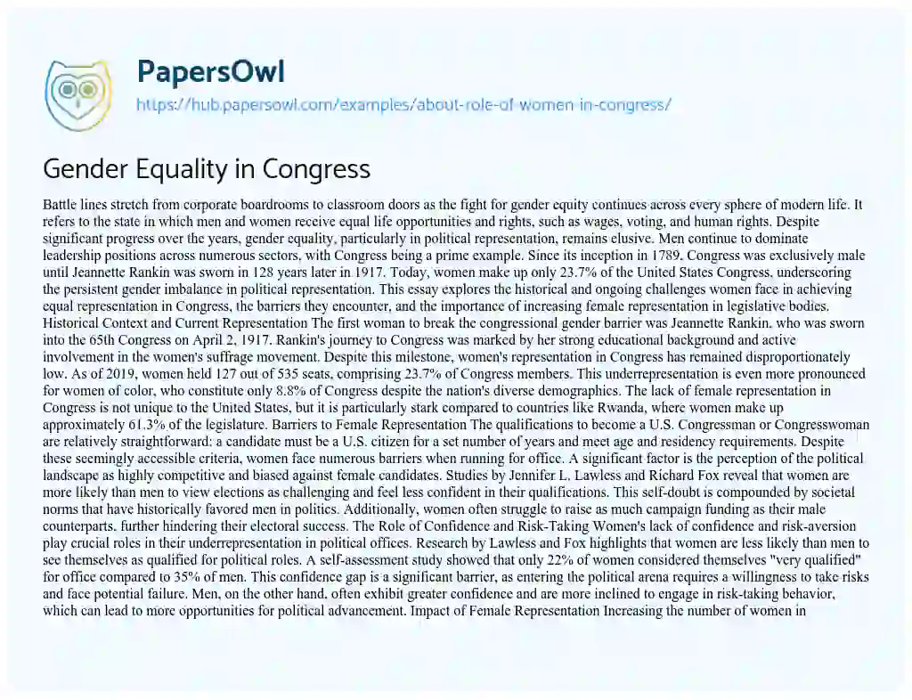 Essay on Gender Equality in Congress