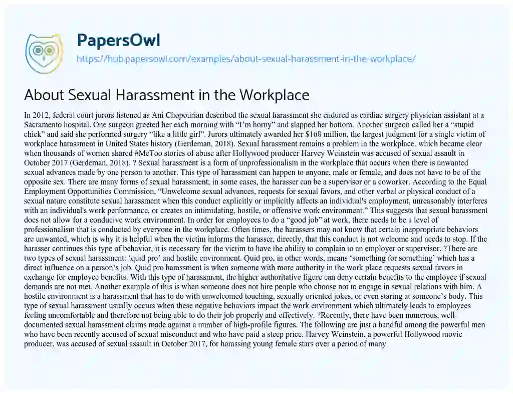 Essay on About Sexual Harassment in the Workplace