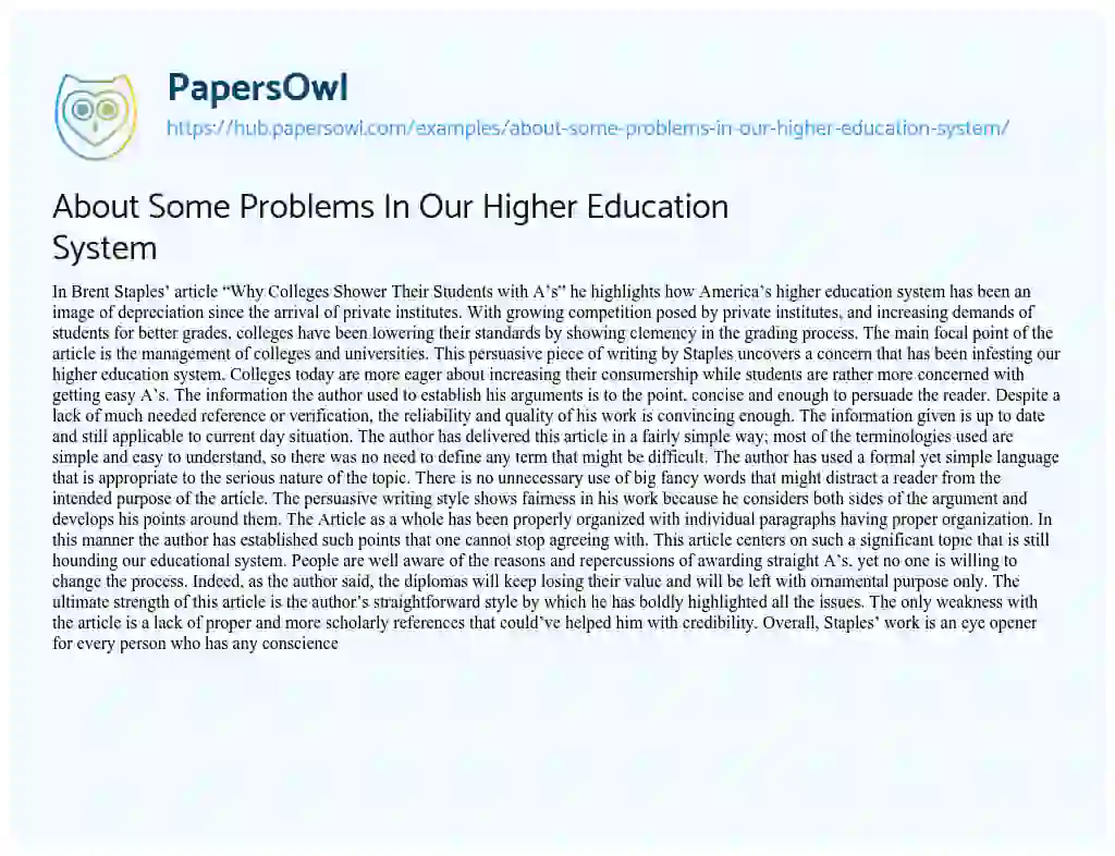 Essay on About Some Problems In Our Higher Education System