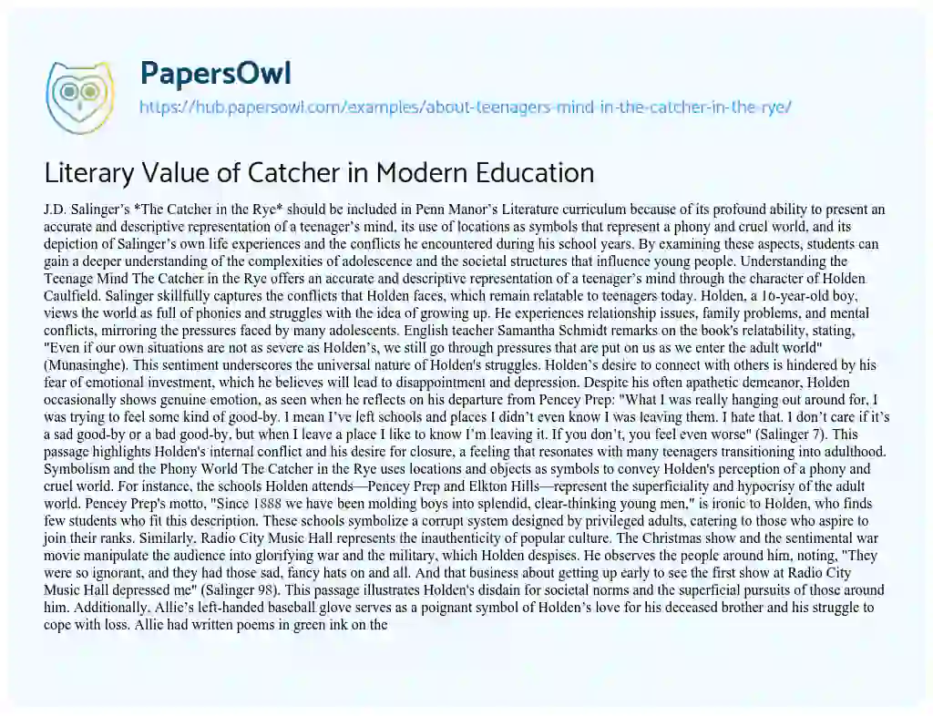 Essay on Literary Value of Catcher in Modern Education