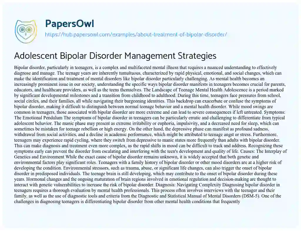 Essay on Adolescent Bipolar Disorder Management Strategies