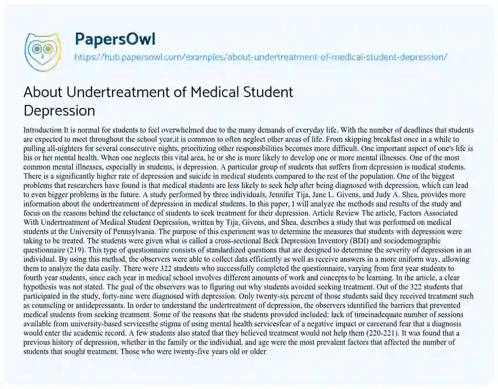 Essay on About Undertreatment of Medical Student Depression
