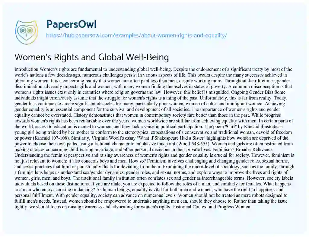 Essay on Women’s Rights and Global Well-Being