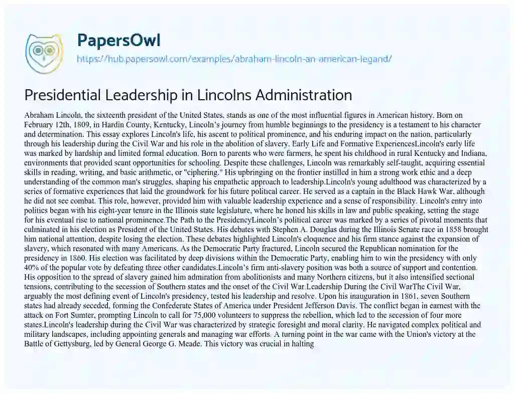 Essay on Presidential Leadership in Lincolns Administration