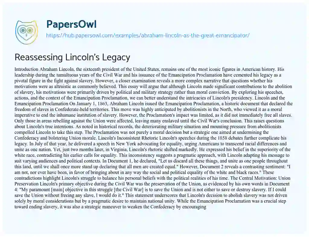 Essay on Reassessing Lincoln’s Legacy