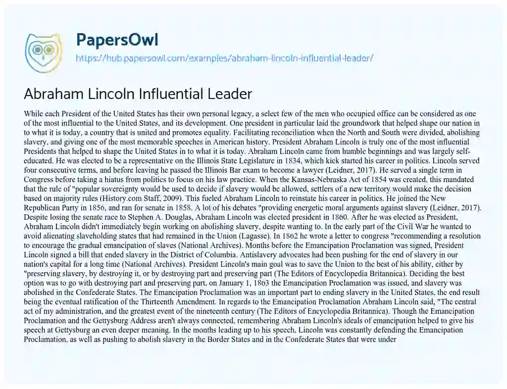 Essay on Abraham Lincoln Influential Leader
