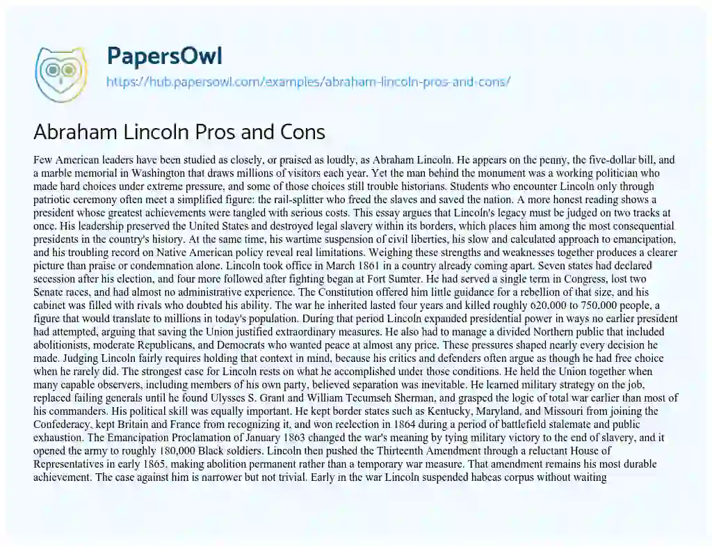 Essay on Abraham Lincoln Pros and Cons