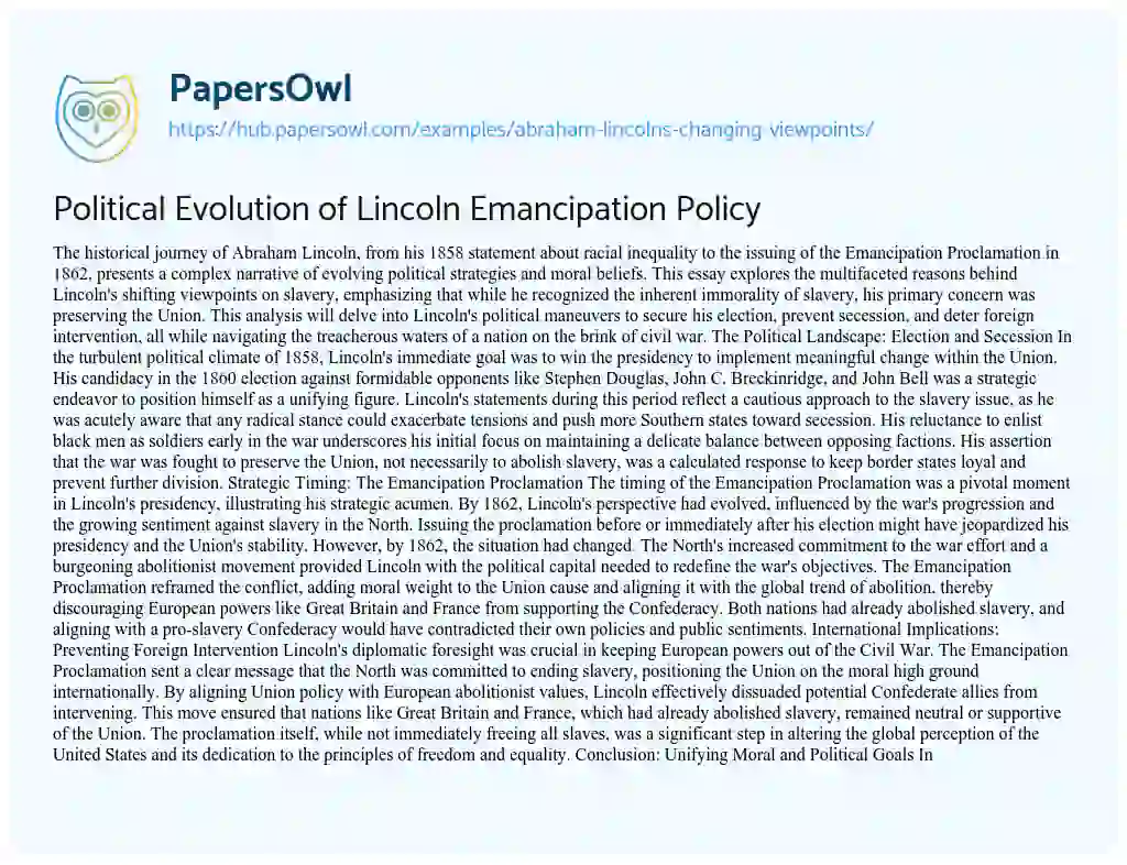 Essay on Political Evolution of Lincoln Emancipation Policy
