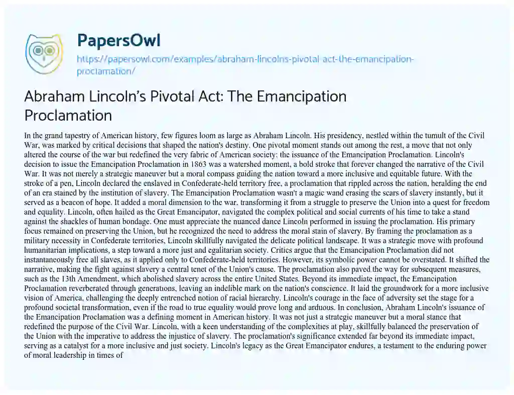 Essay on Abraham Lincoln’s Pivotal Act: The Emancipation Proclamation