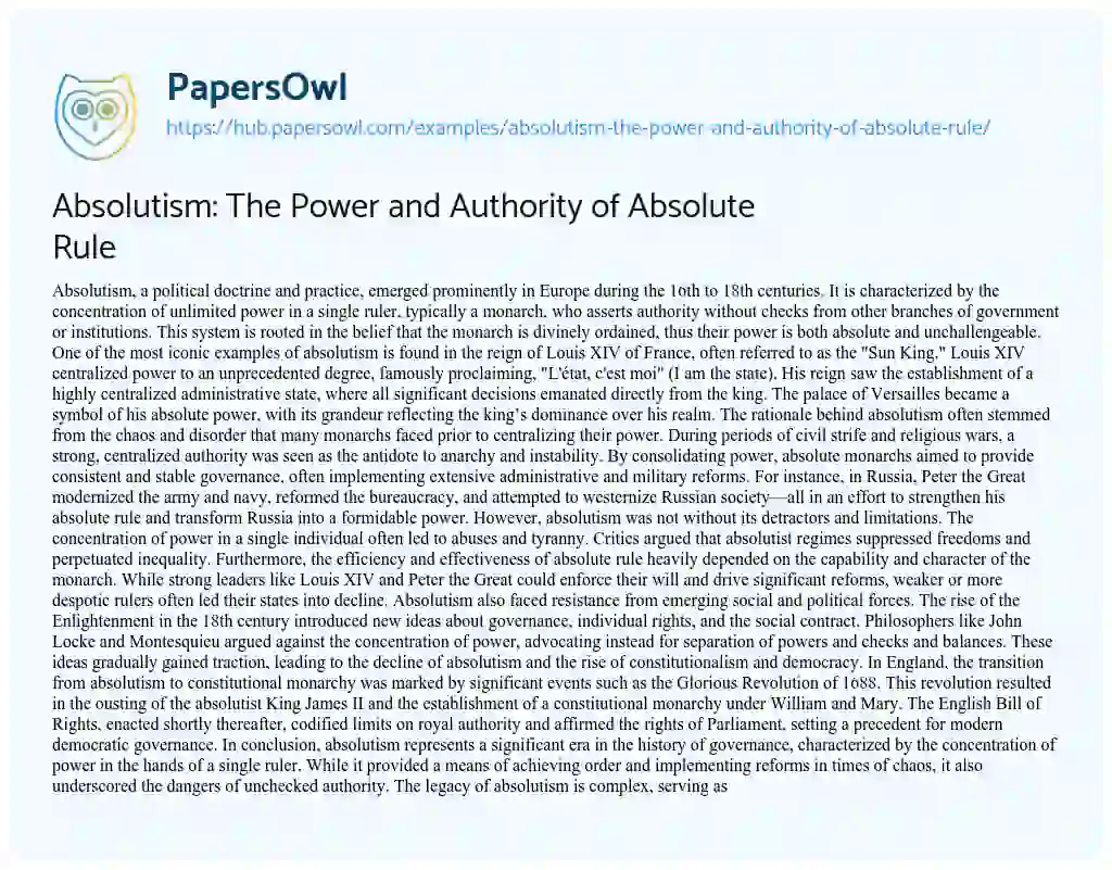Essay on Absolutism: The Power and Authority of Absolute Rule