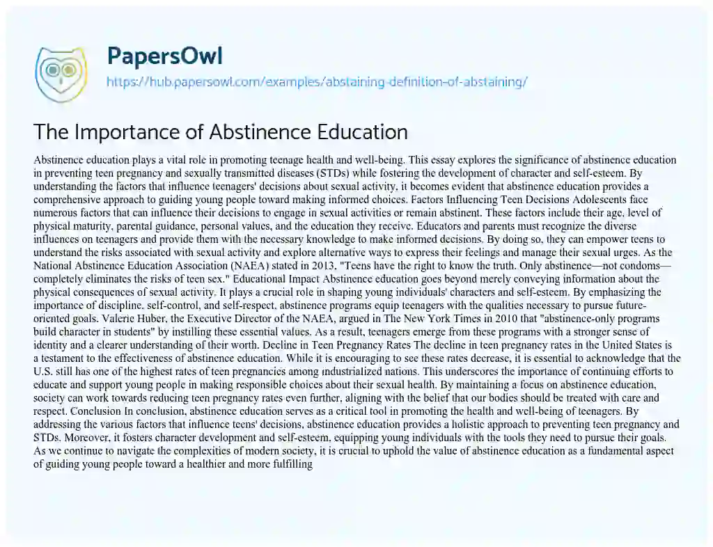 Essay on The Importance of Abstinence Education