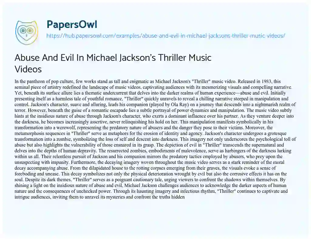 Essay on Abuse And Evil In Michael Jackson’s Thriller Music Videos