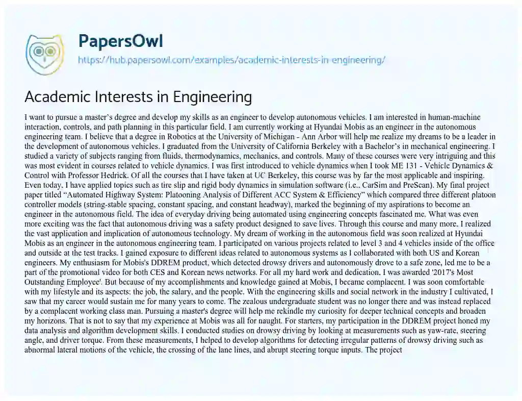 Essay on Academic Interests in Engineering