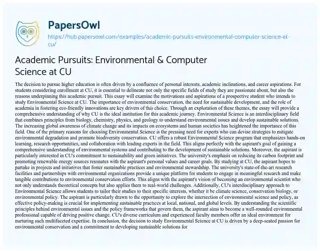 Essay on Academic Pursuits: Environmental & Computer Science at CU