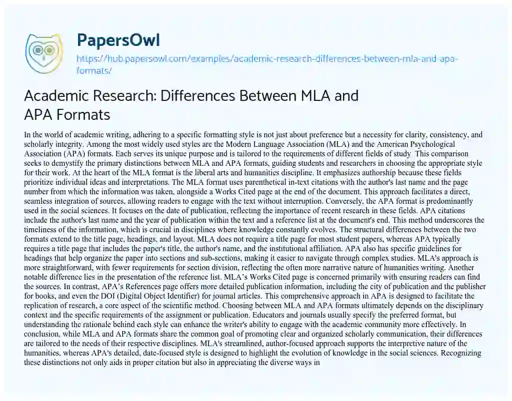 Essay on Academic Research: Differences Between MLA and APA Formats