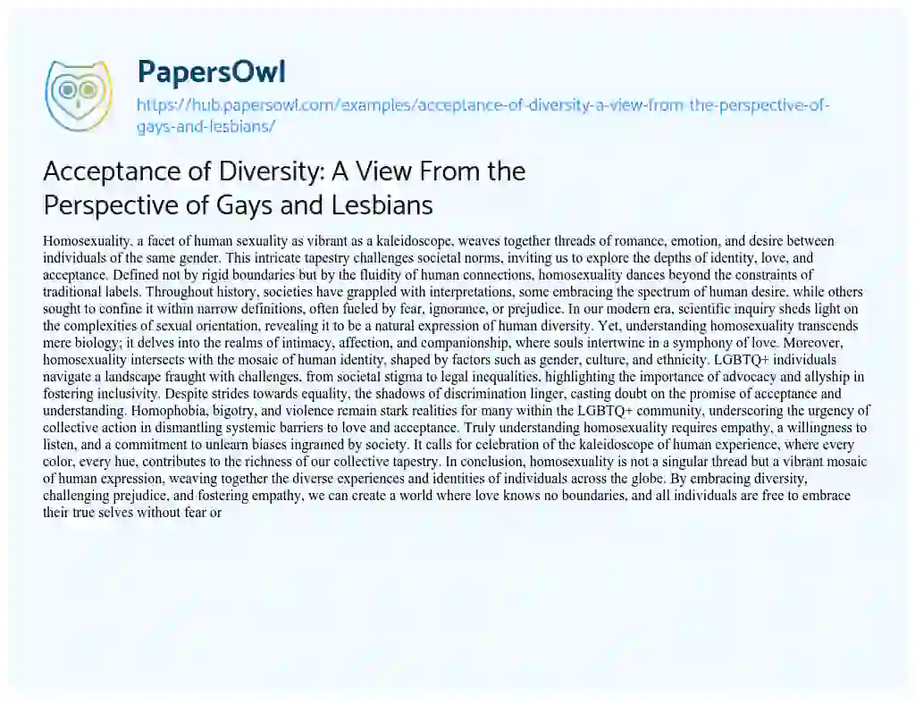 Essay on Acceptance of Diversity: A View From the Perspective of Gays and Lesbians