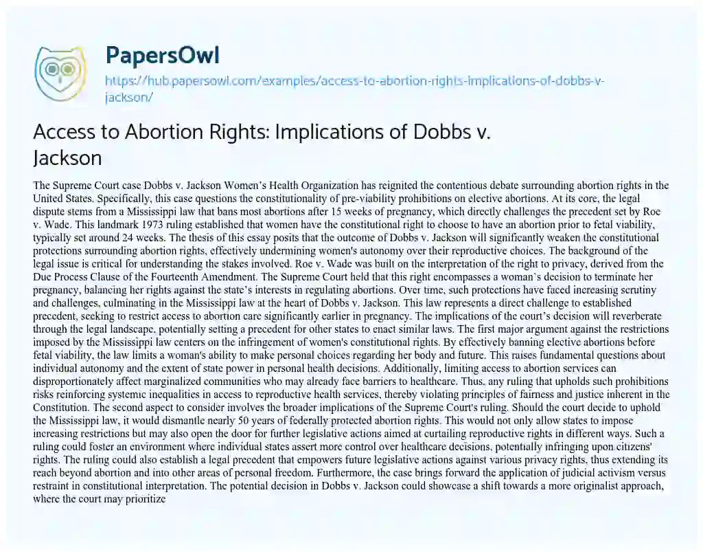 Essay on Access to Abortion Rights: Implications of Dobbs v. Jackson