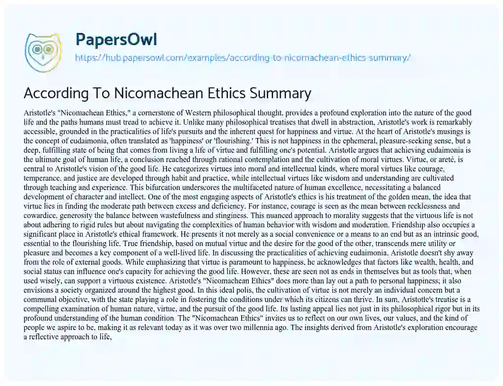 Essay on According To Nicomachean Ethics Summary