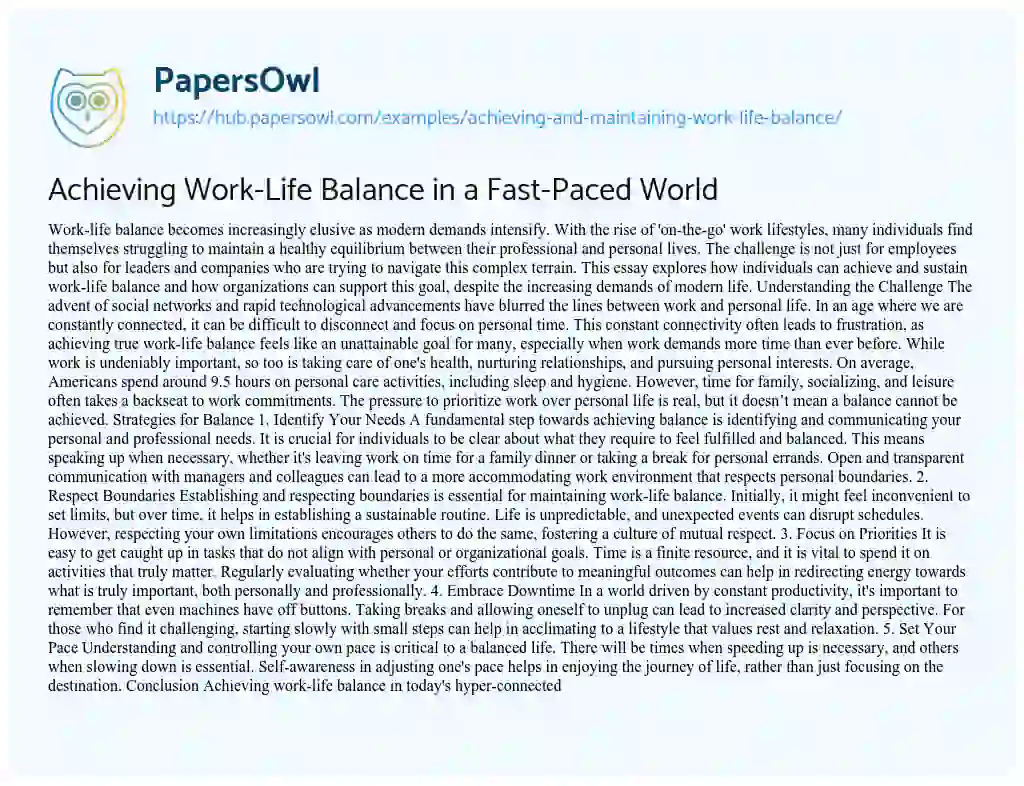 Essay on Achieving Work-Life Balance in a Fast-Paced World