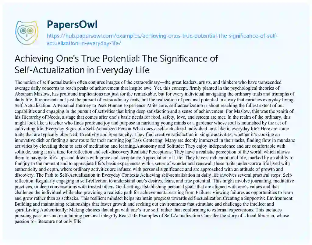 Essay on Achieving One’s True Potential: The Significance of Self-Actualization in Everyday Life