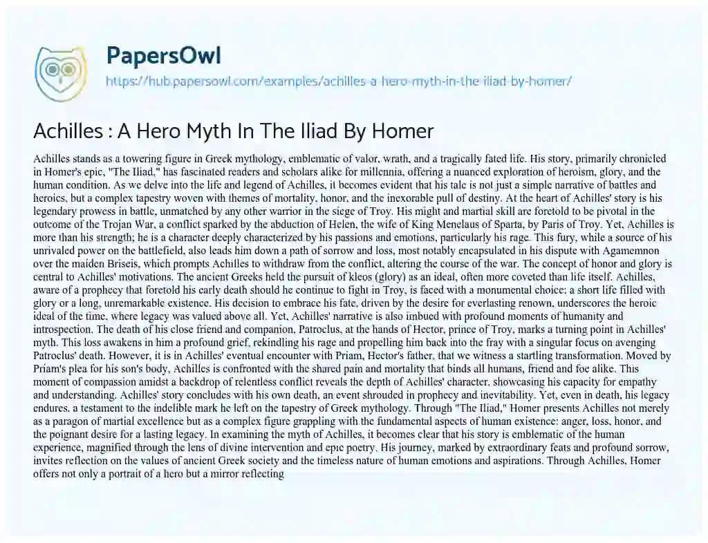 Essay on Achilles : A Hero Myth In The Iliad By Homer