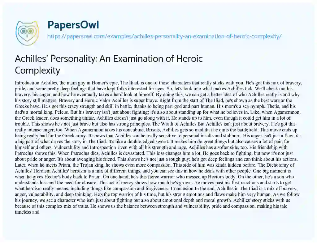 Essay on Achilles’ Personality: An Examination of Heroic Complexity