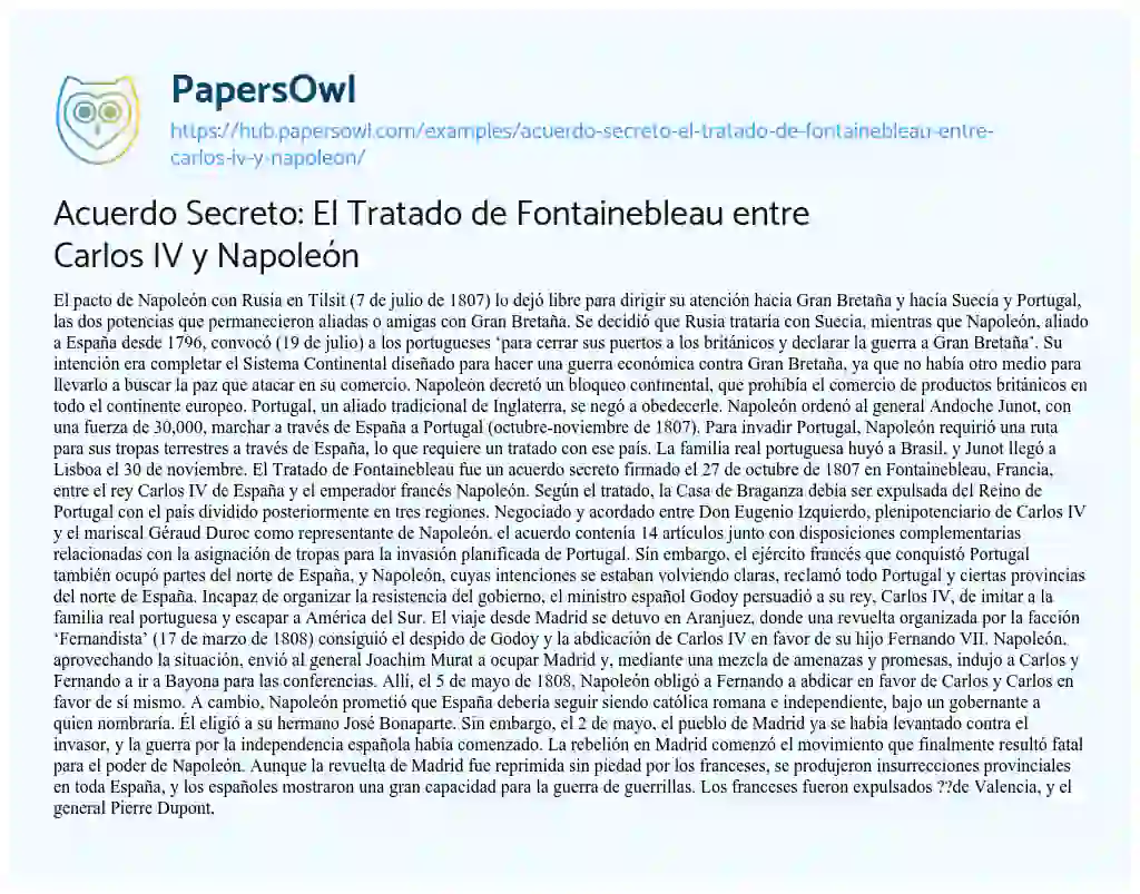 Essay on Acuerdo Secreto: El Tratado de Fontainebleau entre Carlos IV y Napoleón