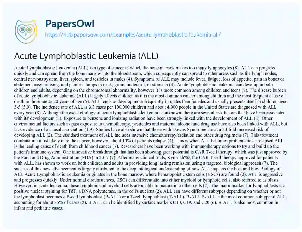 Essay on Acute Lymphoblastic Leukemia (ALL)